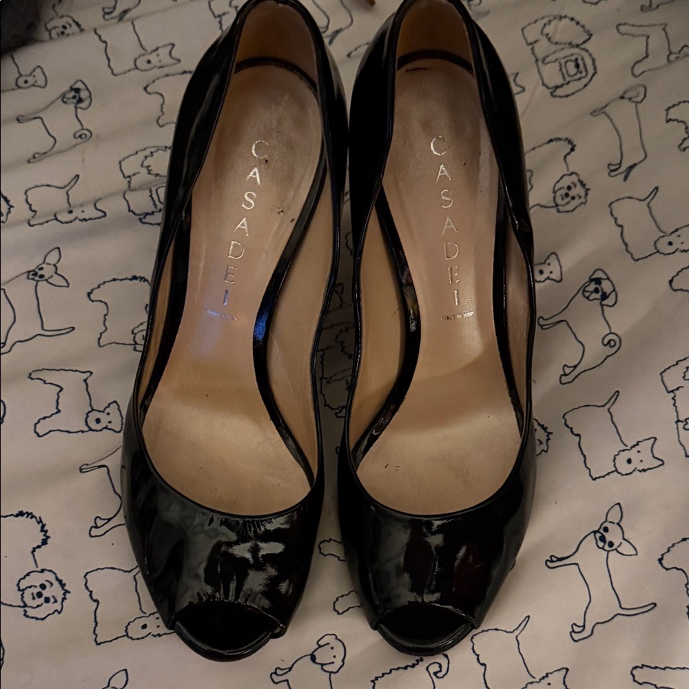 Casadei Glossy Black Peep-Toe Heels